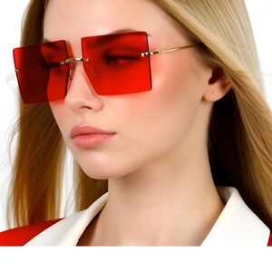 Square Sunglasses Rimless Red Lens Gold Frame Fashion‎ Sun Glasses Women Lentes